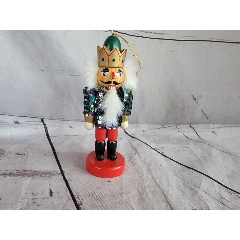 Nutcracker Ornament 5inch Wooden With Sequin Jacket Crown